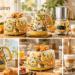 Hazel Quinn retro kitchen appliance collection featuring floral electric kettles, toasters, and milk frothers with colorful butterfly patterns, displayed in a sunlit kitchen with breakfast treats, coffee, and playful English annotations.