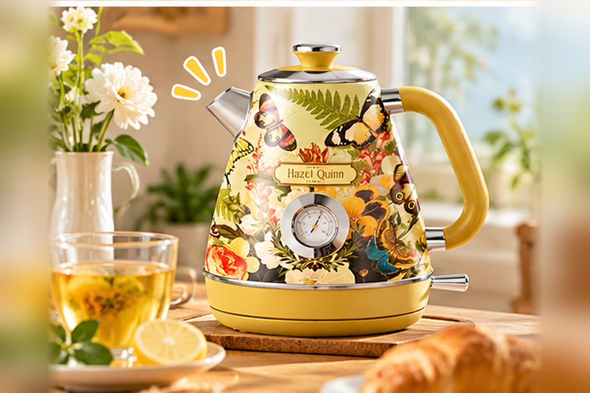 Hazel Quinn vintage floral electric kettle with colorful butterfly illustrations, a yellow handle, and a built-in temperature gauge, displayed on a wooden kitchen countertop beside lemon tea, fresh flowers, and a croissant.