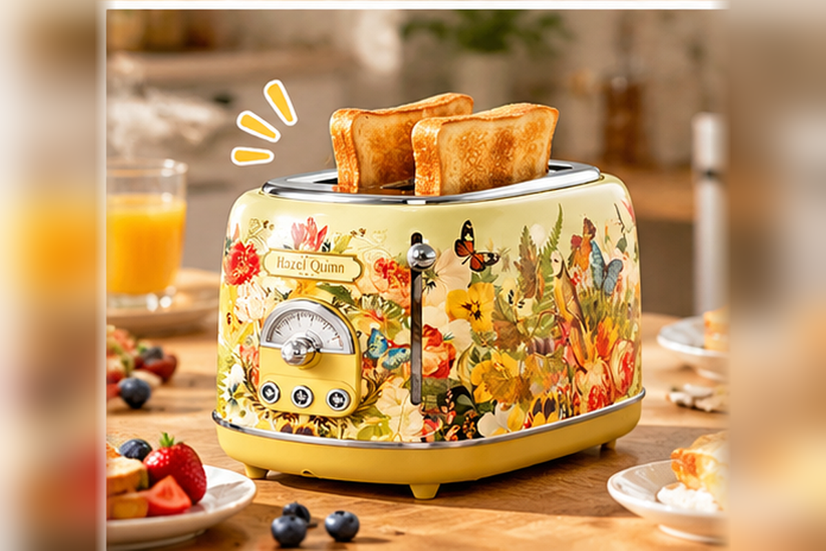 Hazel Quinn retro two-slice toaster featuring vibrant floral and butterfly artwork, a yellow base, and vintage-style controls, displayed on a warm kitchen counter with golden toast, fresh strawberries, blueberries, and orange juice.