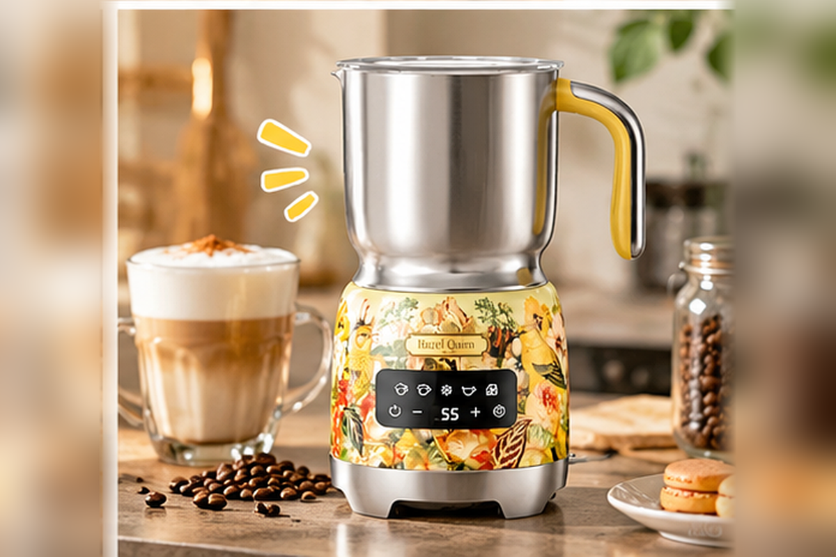 Hazel Quinn electric milk frother with a stainless steel pitcher, yellow-accented handle, colorful floral base, and digital touch controls, displayed beside a layered latte, coffee beans, and macarons in a cozy home kitchen.