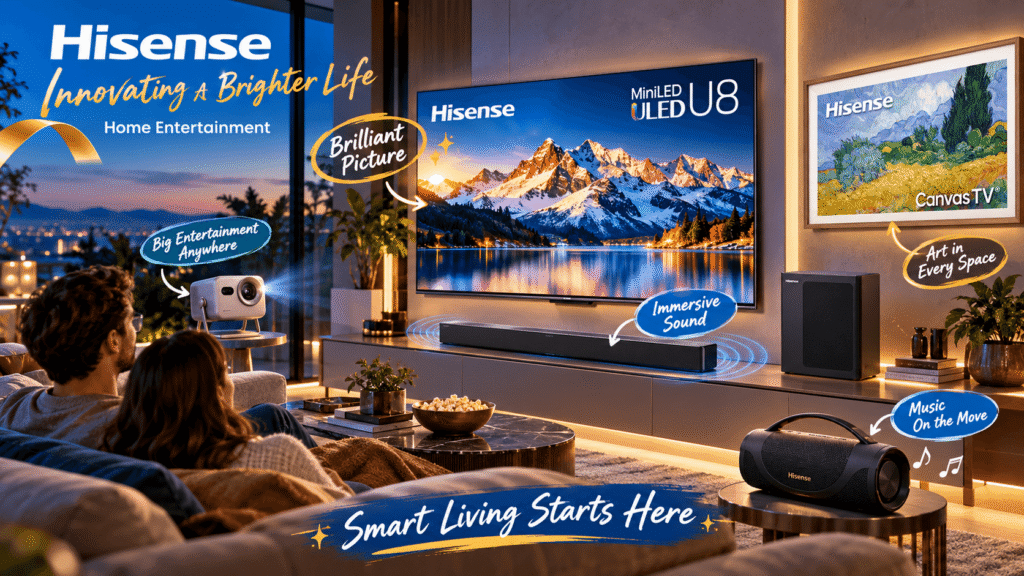Hisense home entertainment collection in a luxurious living room, featuring a MiniLED ULED TV, CanvasTV, projector, soundbar, and portable speaker, with colorful displays and stylish English annotations.