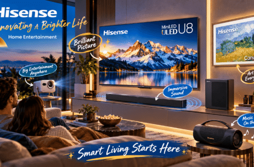 Hisense home entertainment collection in a luxurious living room, featuring a MiniLED ULED TV, CanvasTV, projector, soundbar, and portable speaker, with colorful displays and stylish English annotations.