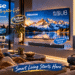 Hisense home entertainment collection in a luxurious living room, featuring a MiniLED ULED TV, CanvasTV, projector, soundbar, and portable speaker, with colorful displays and stylish English annotations.