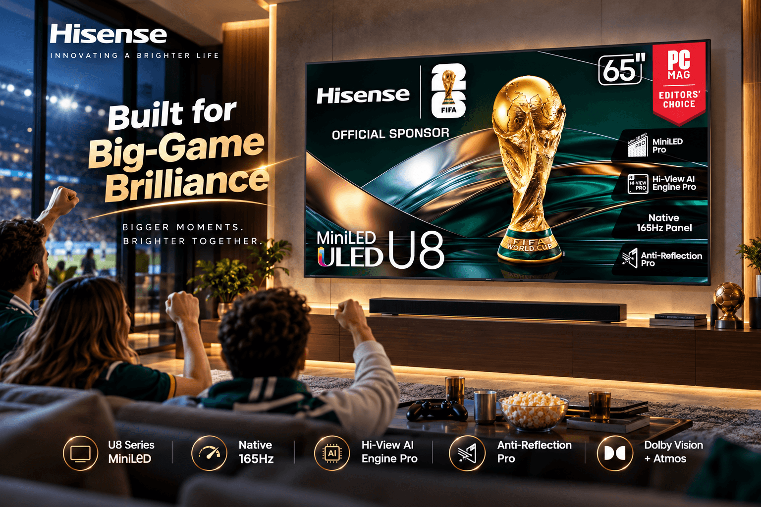 Hisense 65-inch U8 Series MiniLED 4K Google TV displaying a golden football trophy in a modern home theater, with fans cheering and annotations highlighting native 165Hz, Hi-View AI, and anti-reflection technology.