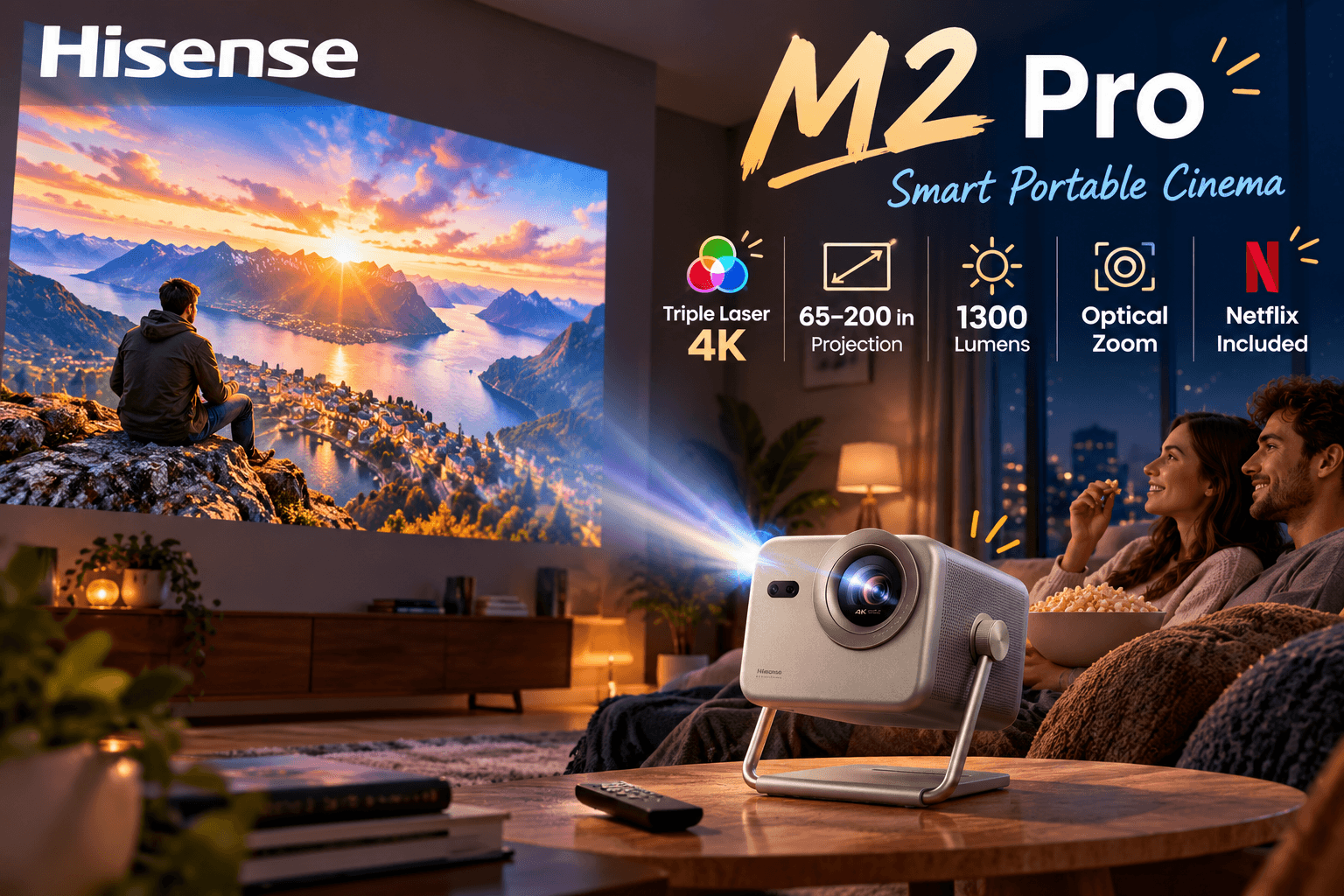 Hisense M2 Pro 4K triple-laser portable projector on a coffee table, projecting a vivid mountain landscape in a cozy home cinema, with annotations for 65–200-inch projection, optical zoom, and Netflix.