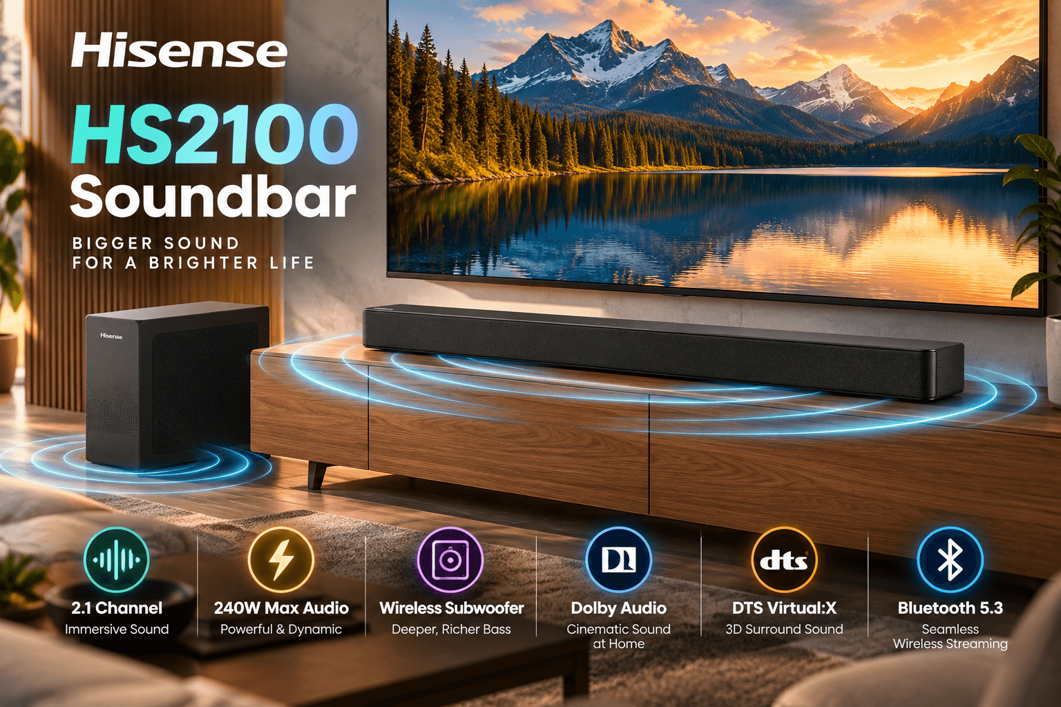 Hisense HS2100 2.1-channel soundbar and wireless subwoofer in a modern living room beneath a large TV, featuring blue sound-wave graphics and labels for 240W max audio, Dolby Audio, DTS Virtual:X, and Bluetooth 5.3.