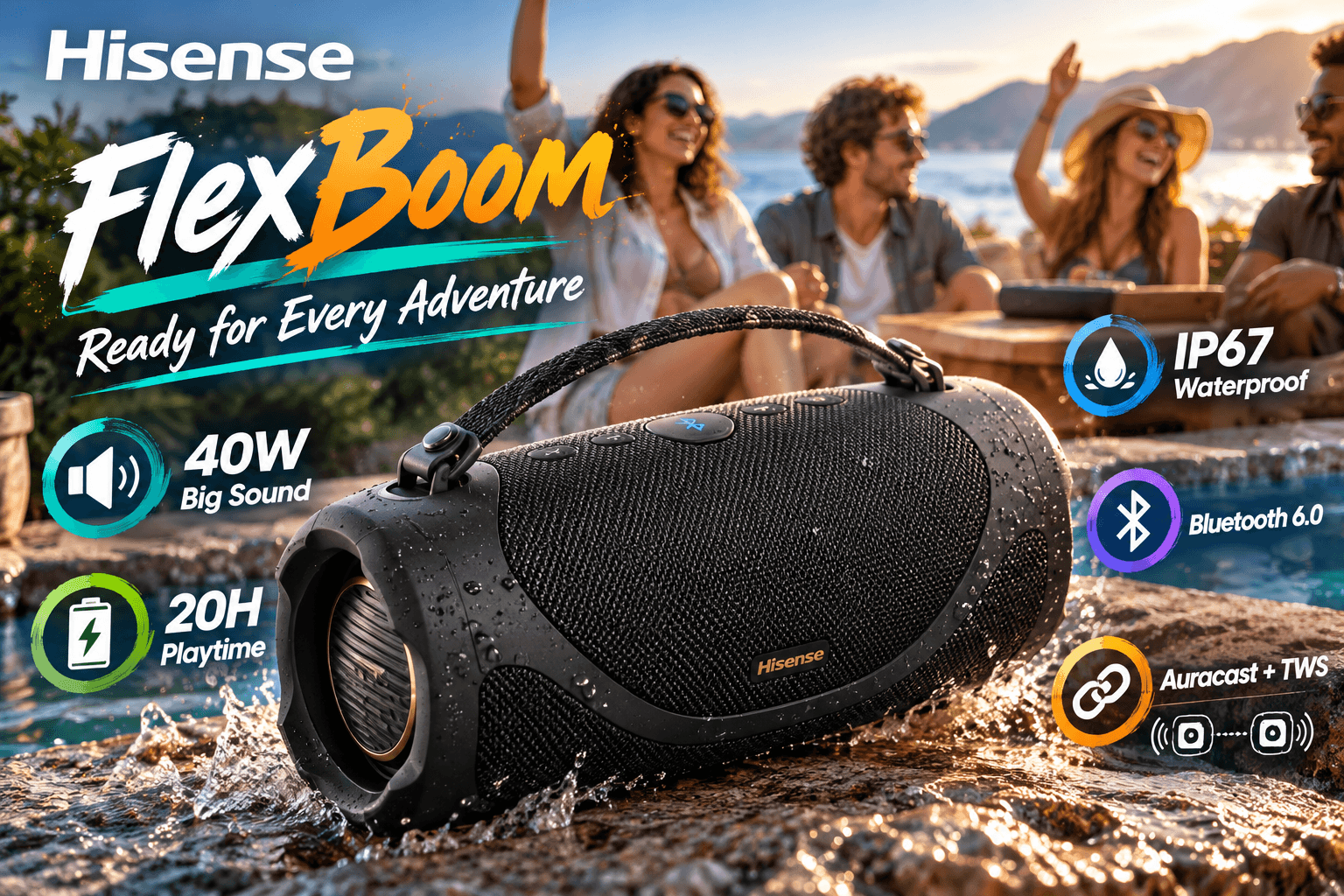 Hisense FlexBoom portable Bluetooth speaker with a black fabric body and carrying strap beside a swimming pool at sunset, featuring water splashes, friends relaxing, and labels for IP67 protection, 40W sound, and 20-hour playback.