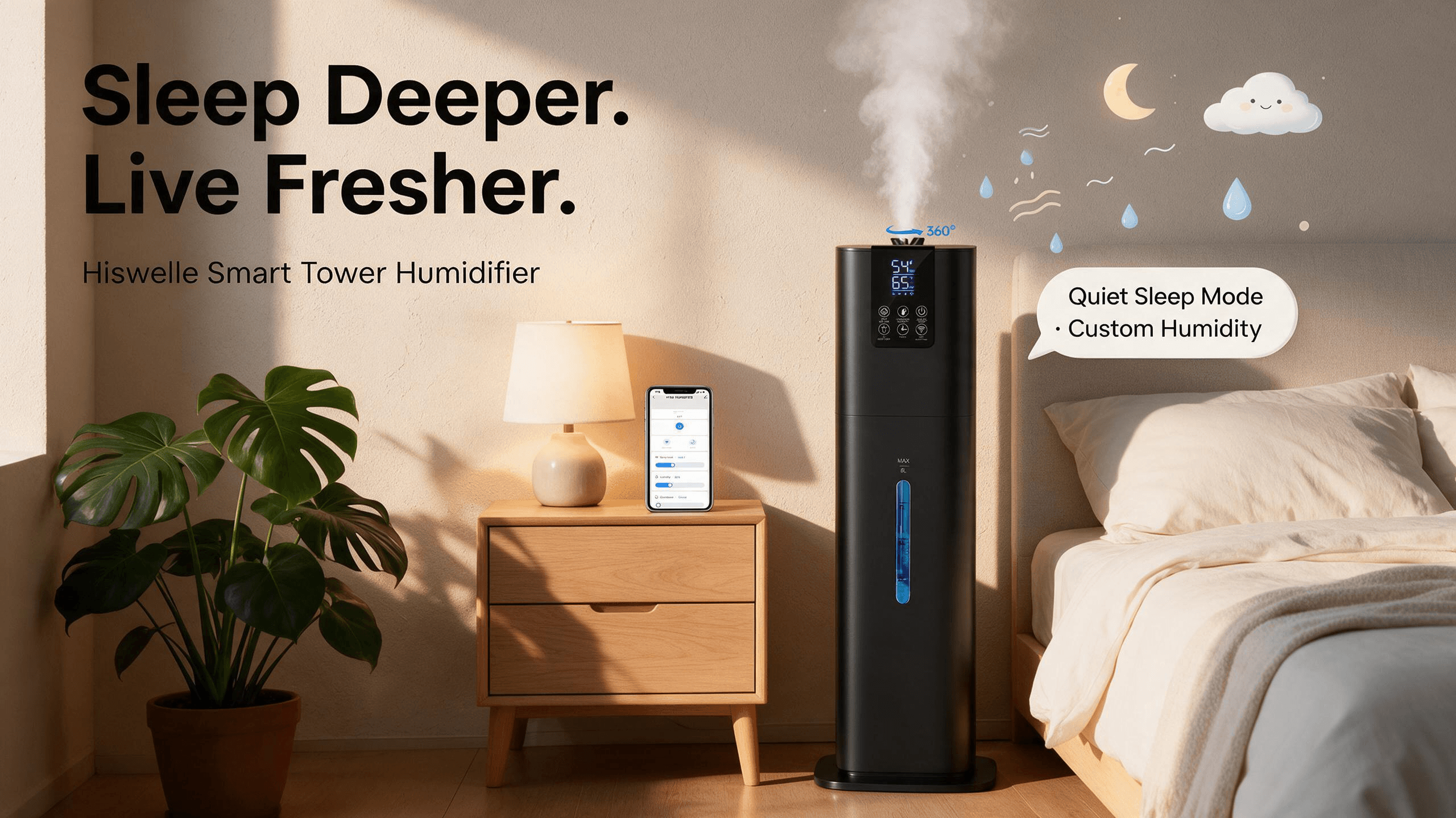 Cozy golden-hour bedroom corner featuring a black slim Hiswelle 8L tower humidifier emitting soft mist beside a bed with beige linen bedding, a smartphone on the nightstand displaying the humidifier app, warm table lamp glow, cartoon callout reading "Quiet Sleep Mode · Custom Humidity", crescent moon and water-drop icons, headline "Sleep Deeper. Live Fresher."