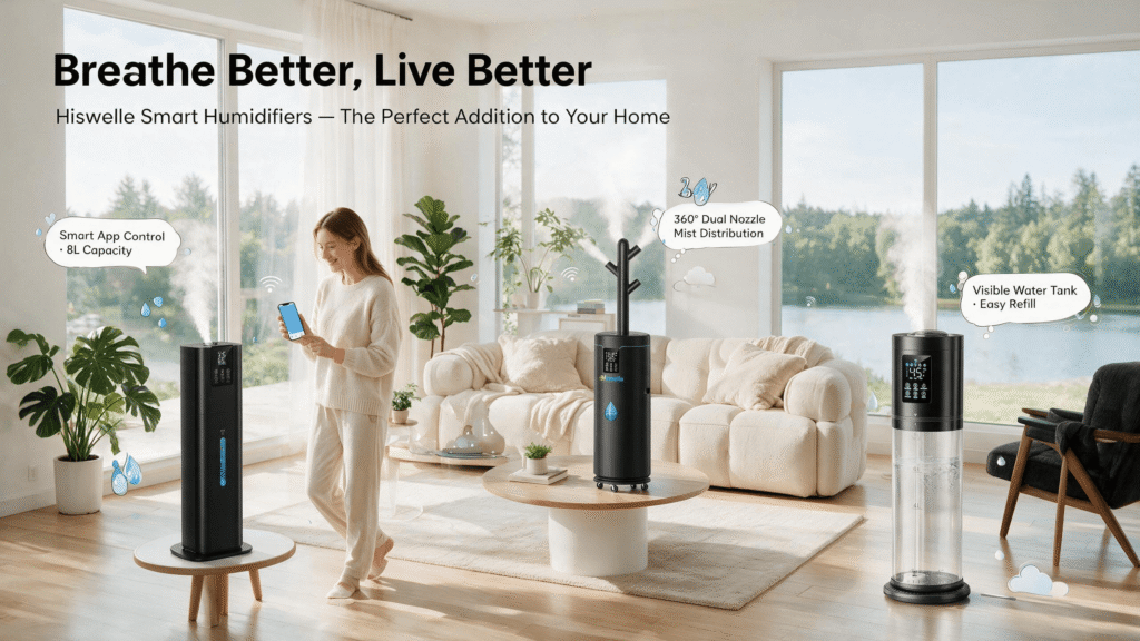 Promotional blog hero image of Hiswelle smart tower humidifiers staged in a bright Scandinavian living room with floor-to-ceiling windows, a young woman holding a smartphone showing the app control interface, soft mist rising from the units, cartoon-style English callouts reading "Smart App Control · 8L Capacity", "360° Dual Nozzle Mist Distribution", and "Visible Water Tank · Easy Refill", headline "Breathe Better, Live Better".