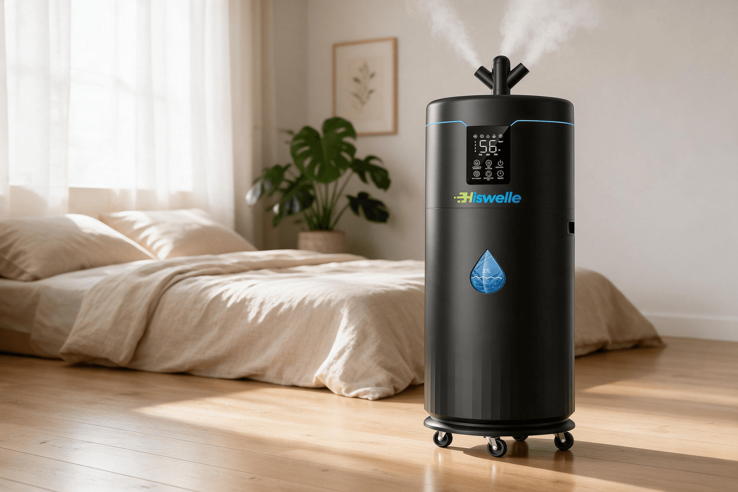 Lifestyle product photo of a black cylindrical Hiswelle tower humidifier with the green-and-blue "Hiswelle" logo, digital display showing "56", blue LED accent ring, teardrop-shaped water level indicator, and caster-wheel base, placed on a light oak floor in a cozy minimalist bedroom with beige linen bedding and morning daylight.