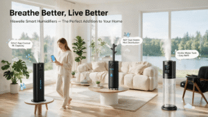 Promotional blog hero image of Hiswelle smart tower humidifiers staged in a bright Scandinavian living room with floor-to-ceiling windows, a young woman holding a smartphone showing the app control interface, soft mist rising from the units, cartoon-style English callouts reading "Smart App Control · 8L Capacity", "360° Dual Nozzle Mist Distribution", and "Visible Water Tank · Easy Refill", headline "Breathe Better, Live Better".