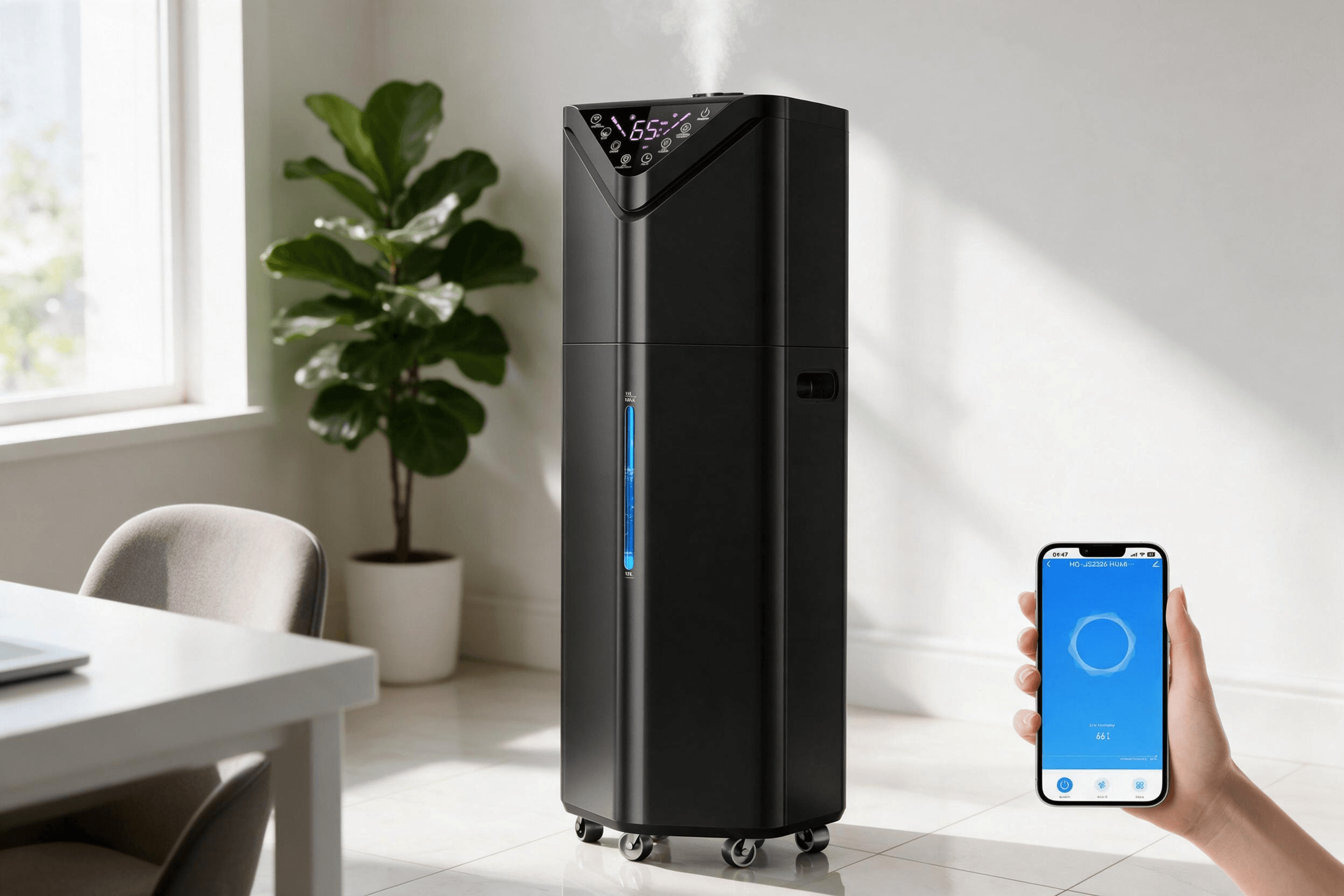 Lifestyle product photo of a black V-top angular tower humidifier with a slanted digital display showing "65%", vertical blue illuminated water strip, side carrying handle, and caster wheels, standing in a bright home office, a hand holding a smartphone showing the blue humidifier app interface, soft mist rising from the top.