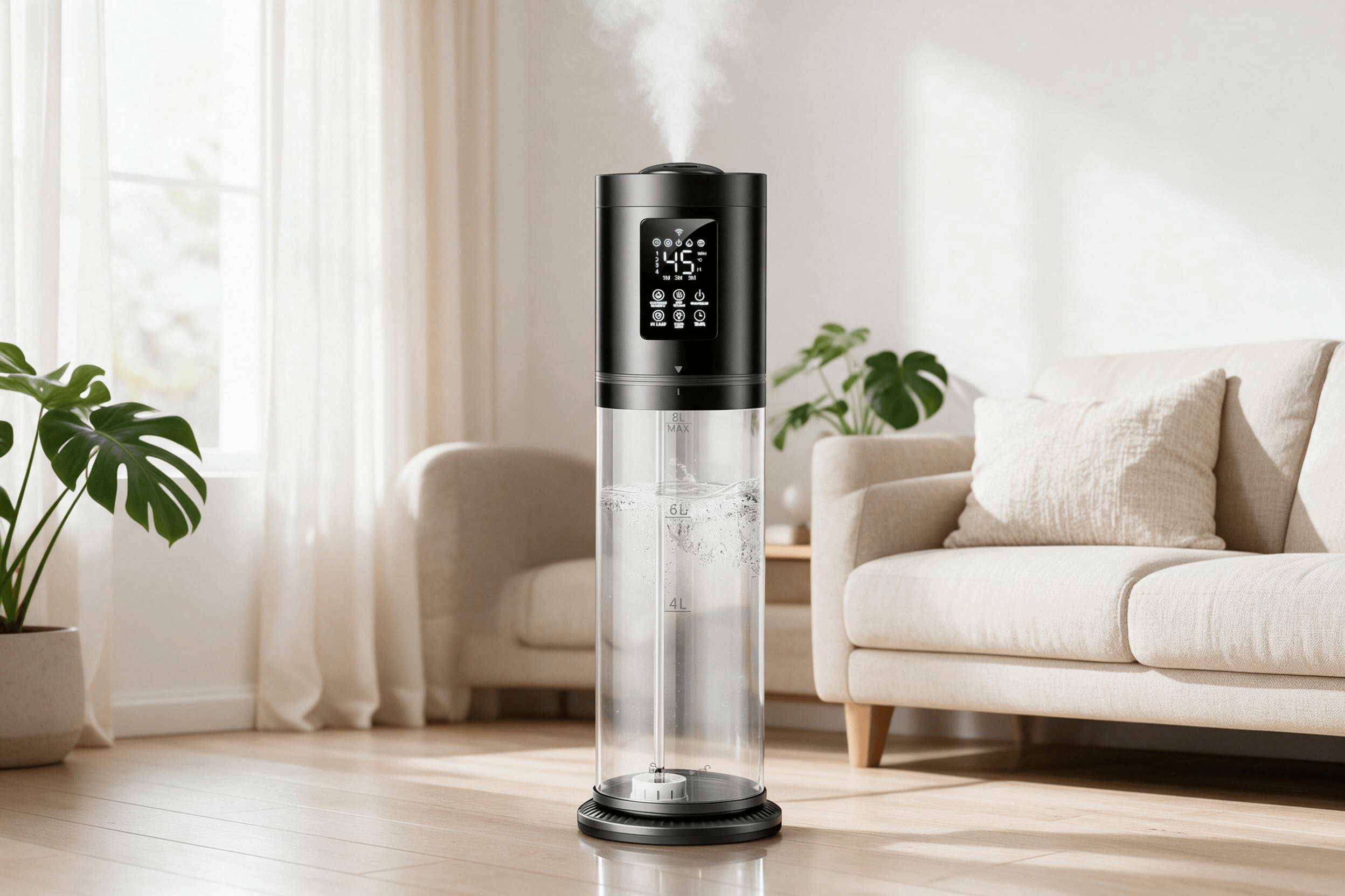 Lifestyle product photo of a transparent 8L tank humidifier with a black top unit featuring a digital display showing "45", visible water level markings at "4L / 6L / 8L MAX", bubbling water inside the clear tank, and a dark round base, placed on a light wood floor in a minimal modern living room with a beige sofa and soft window light.