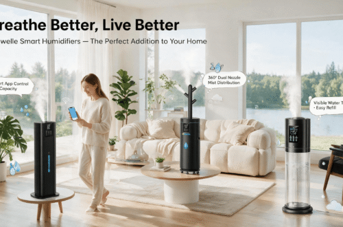 Promotional blog hero image of Hiswelle smart tower humidifiers staged in a bright Scandinavian living room with floor-to-ceiling windows, a young woman holding a smartphone showing the app control interface, soft mist rising from the units, cartoon-style English callouts reading "Smart App Control · 8L Capacity", "360° Dual Nozzle Mist Distribution", and "Visible Water Tank · Easy Refill", headline "Breathe Better, Live Better".