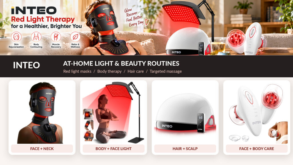 INTEO red light therapy collection featuring a face and neck mask, adjustable light panel, hair therapy cap, and handheld beauty device in a cozy home setting, highlighting at-home beauty and wellness routines.