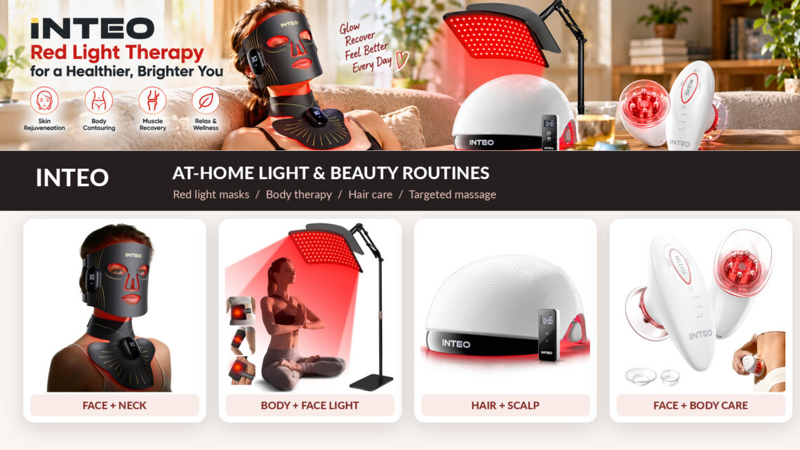 INTEO red light therapy collection featuring a face and neck mask, adjustable light panel, hair therapy cap, and handheld beauty device in a cozy home setting, highlighting at-home beauty and wellness routines.