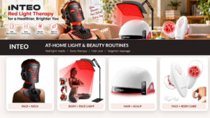 INTEO red light therapy collection featuring a face and neck mask, adjustable light panel, hair therapy cap, and handheld beauty device in a cozy home setting, highlighting at-home beauty and wellness routines.