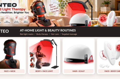 INTEO red light therapy collection featuring a face and neck mask, adjustable light panel, hair therapy cap, and handheld beauty device in a cozy home setting, highlighting at-home beauty and wellness routines.