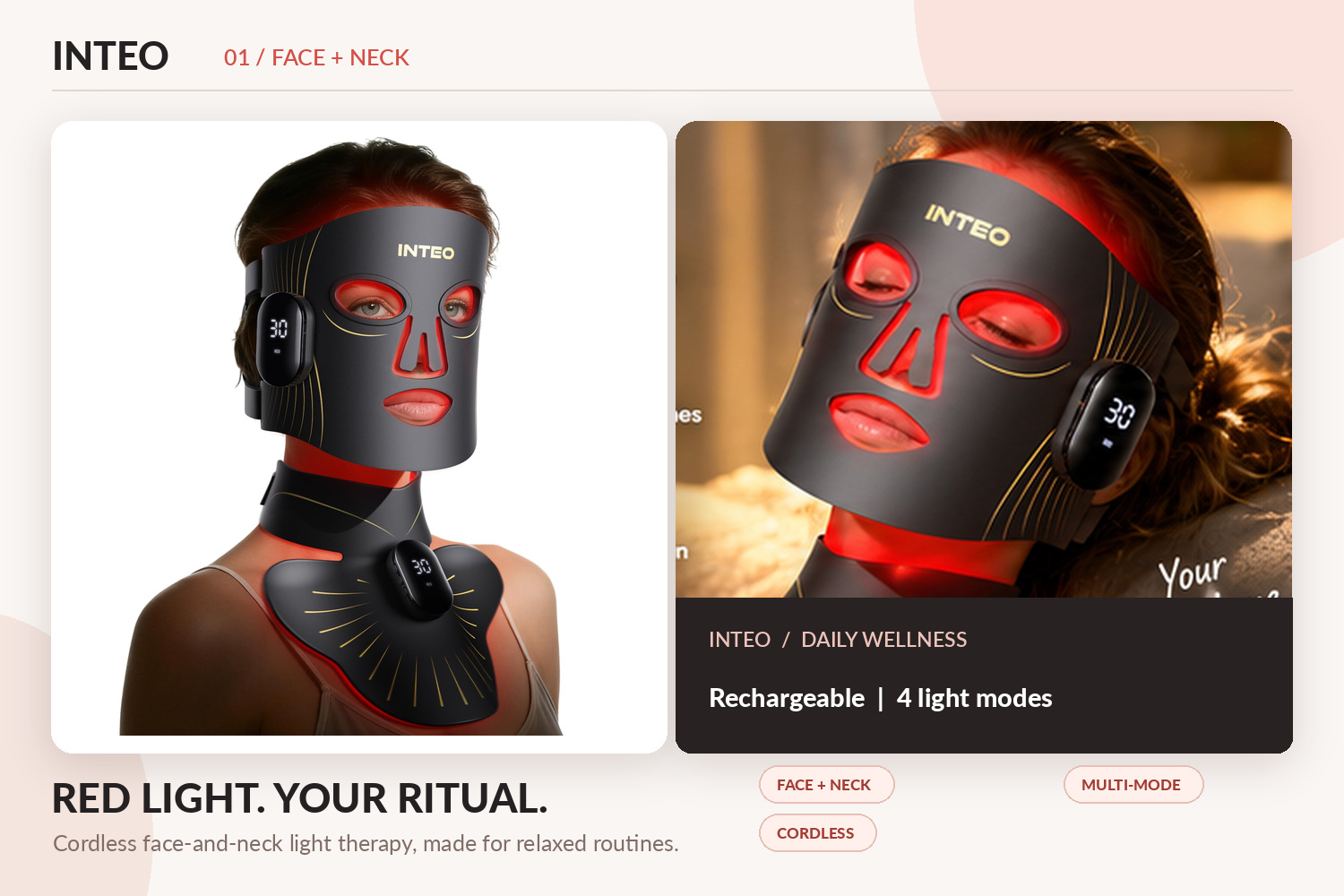 INTEO cordless red light therapy face and neck mask with a black and gold design, shown on a woman relaxing at home. The promotional image highlights rechargeable operation, four light modes, and everyday facial care.