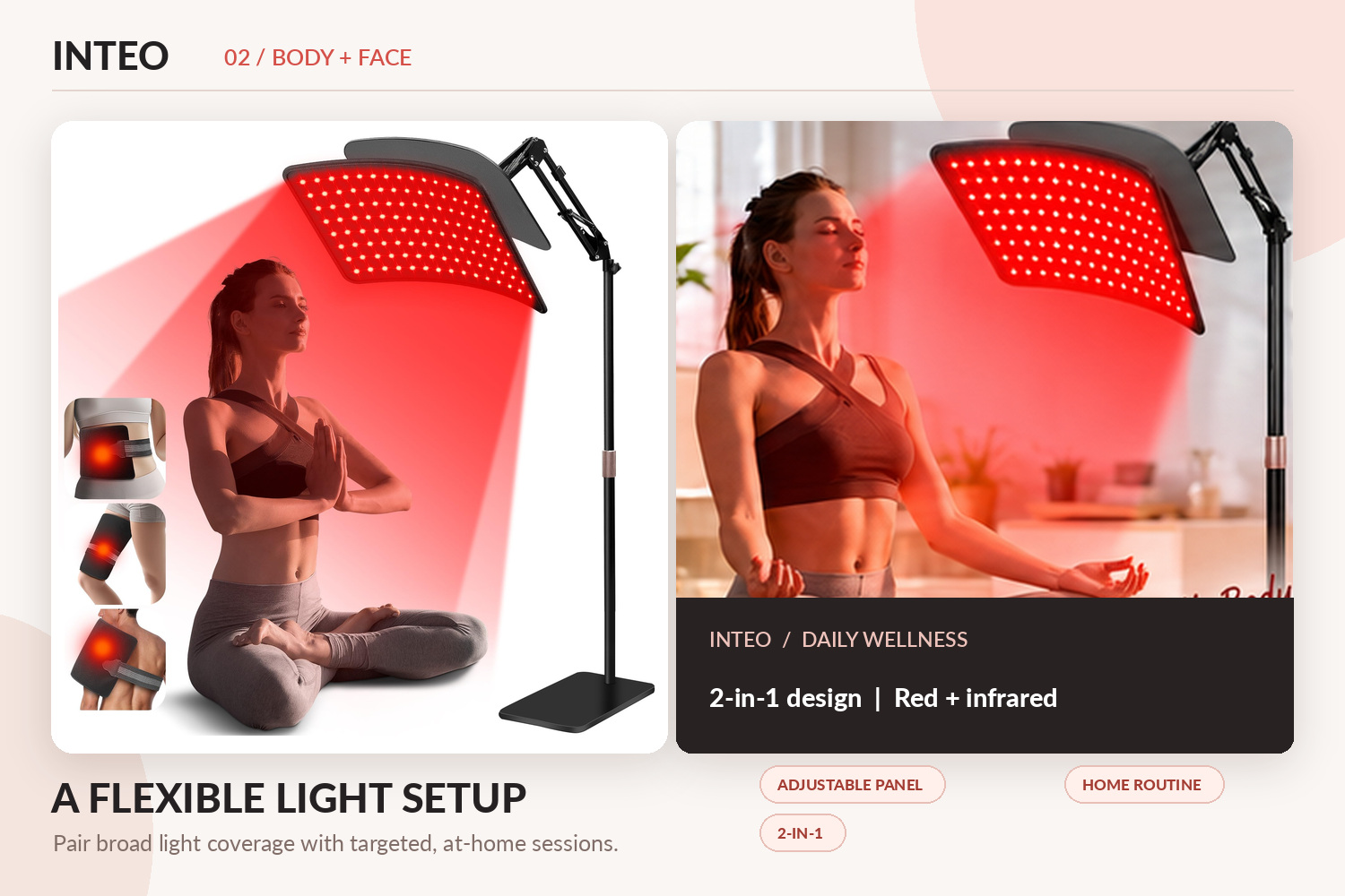 INTEO adjustable red and infrared light therapy panel illuminating a woman practicing meditation at home. The image showcases a freestanding light setup, flexible positioning, and targeted light therapy for daily wellness.