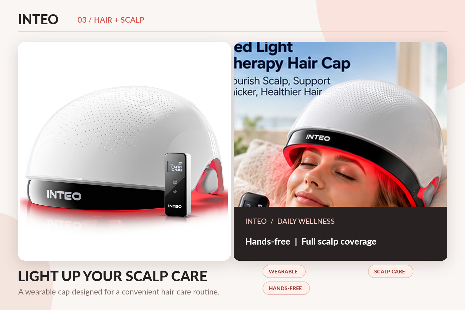 INTEO white red light therapy hair cap with a digital controller, shown alongside a woman relaxing while wearing the illuminated cap. The image highlights hands-free use, full scalp coverage, and convenient at-home hair care.