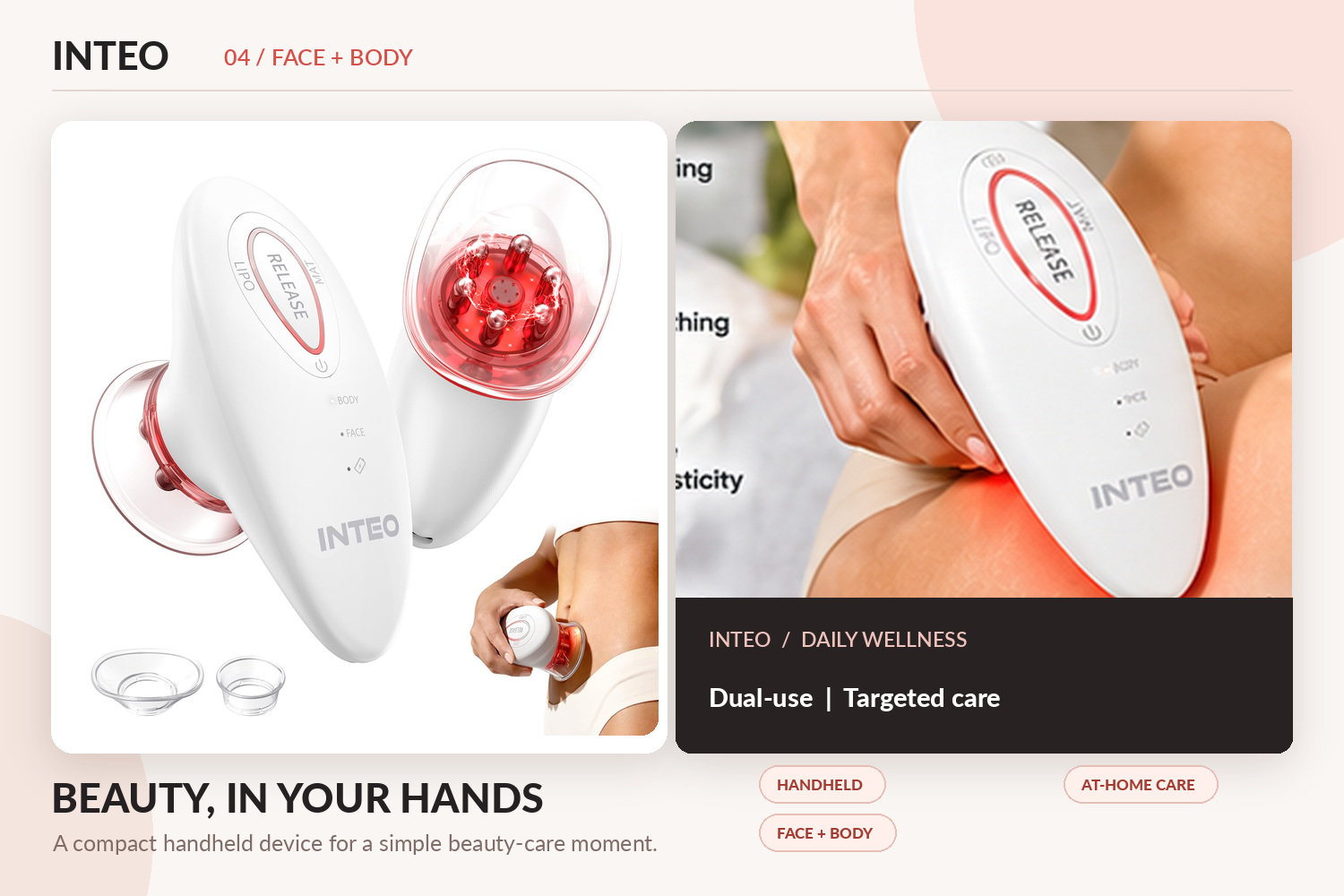 INTEO white handheld face and body beauty device featuring a transparent red treatment head and interchangeable cups. The image shows the device being used on the thigh, highlighting targeted beauty care and convenient home use.