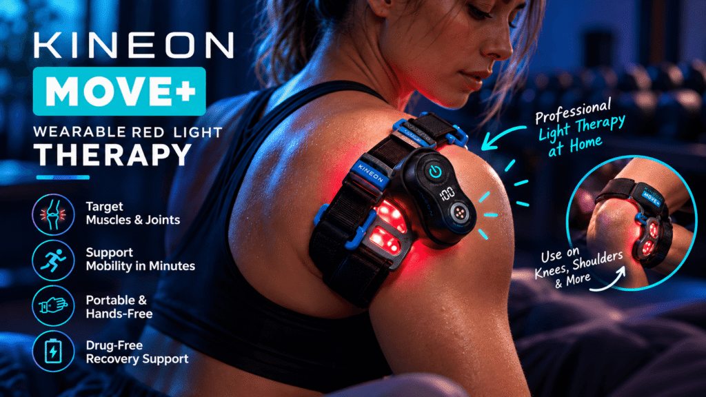 KINEON MOVE+ wearable red light therapy device on a woman's shoulder, featuring glowing red LEDs, adjustable straps, and a knee therapy inset. A modern fitness setting with blue lighting highlights portable muscle and joint recovery support.