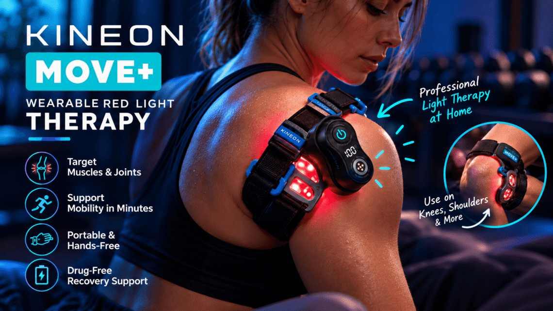 KINEON MOVE+ wearable red light therapy device on a woman's shoulder, featuring glowing red LEDs, adjustable straps, and a knee therapy inset. A modern fitness setting with blue lighting highlights portable muscle and joint recovery support.
