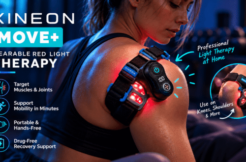 KINEON MOVE+ wearable red light therapy device on a woman's shoulder, featuring glowing red LEDs, adjustable straps, and a knee therapy inset. A modern fitness setting with blue lighting highlights portable muscle and joint recovery support.