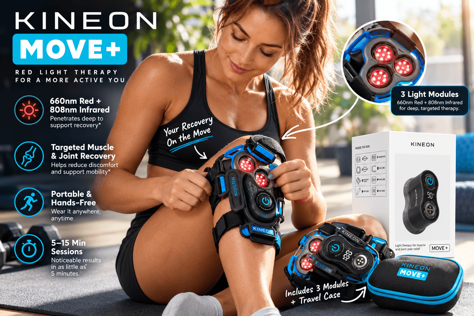 Woman using the KINEON MOVE+ red light therapy device on her knee in a home fitness setting. The image highlights 660nm red light, 808nm infrared technology, three LED modules, portable hands-free use, and the included travel case.