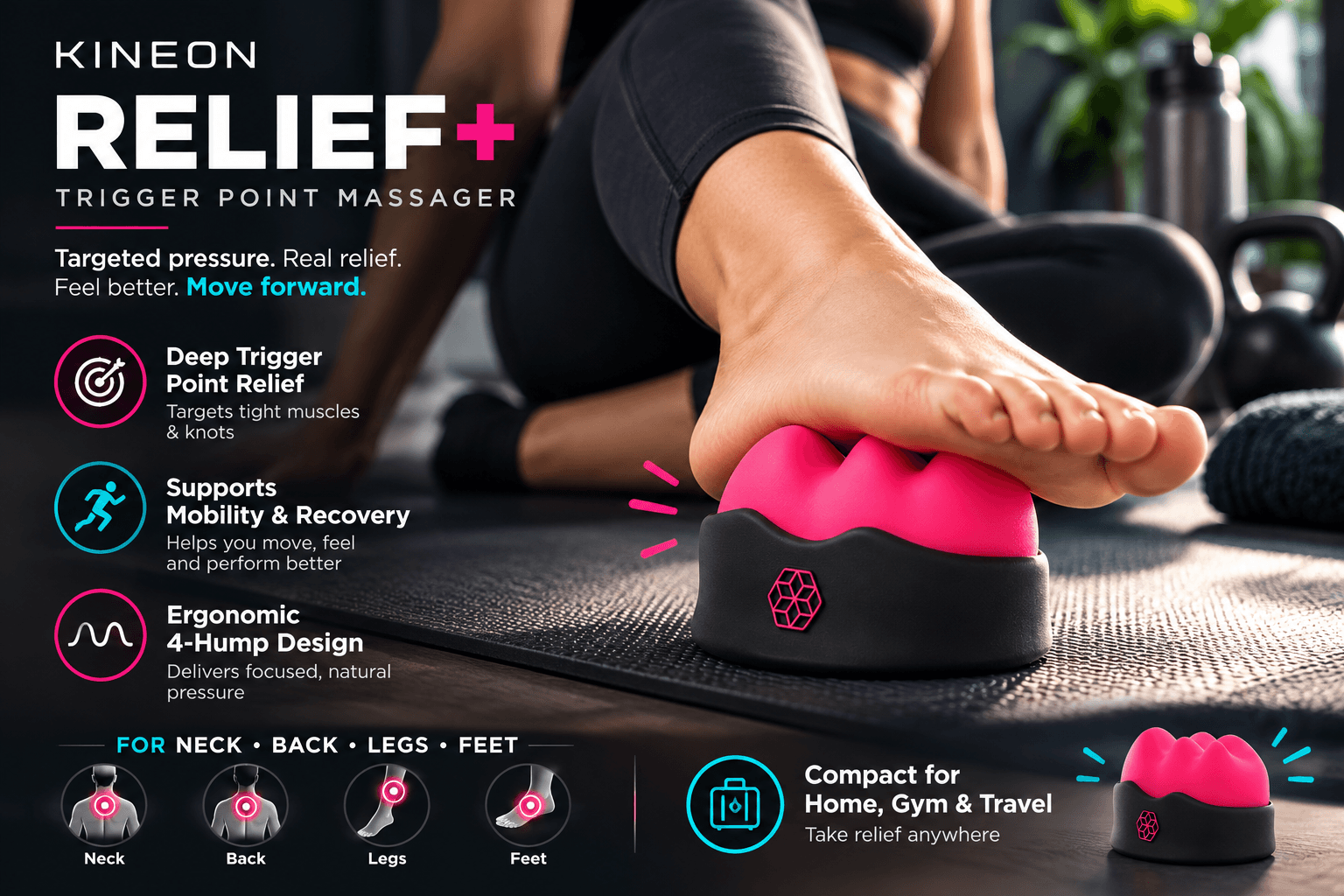 Close-up of a foot pressing onto the KINEON Relief+ trigger point massager on a workout mat. Its bright pink four-hump silicone design and black base provide targeted pressure, with illustrated callouts highlighting muscle tension relief and portability.