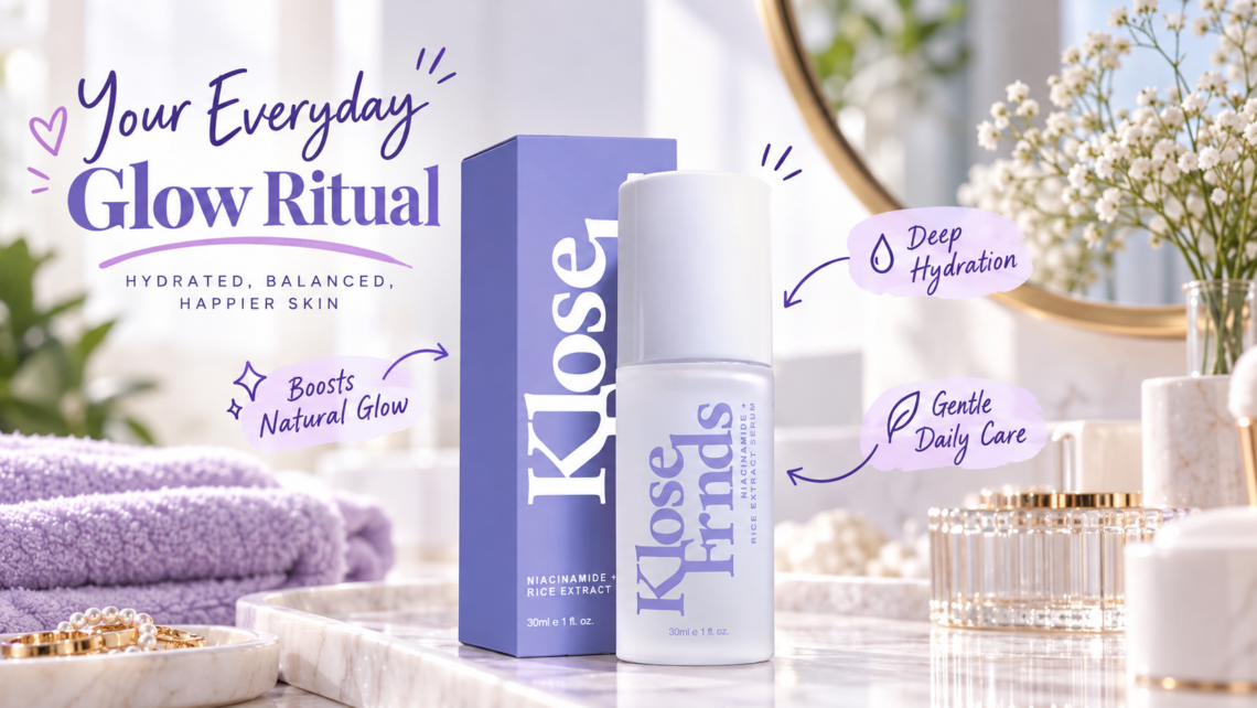 Klose Frnds Niacinamide + Rice Extract Serum displayed with lavender packaging on an elegant bathroom vanity, featuring soft natural lighting, skincare accessories, and purple handwritten annotations highlighting hydration, natural glow, and gentle daily care.