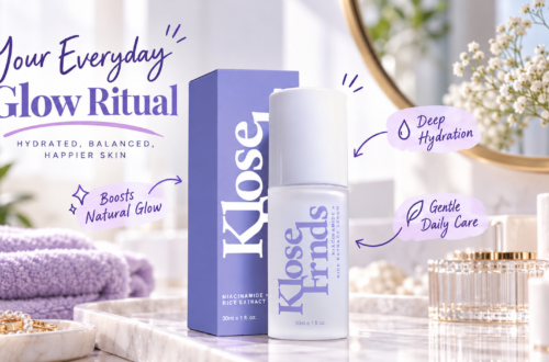 Klose Frnds Niacinamide + Rice Extract Serum displayed with lavender packaging on an elegant bathroom vanity, featuring soft natural lighting, skincare accessories, and purple handwritten annotations highlighting hydration, natural glow, and gentle daily care.