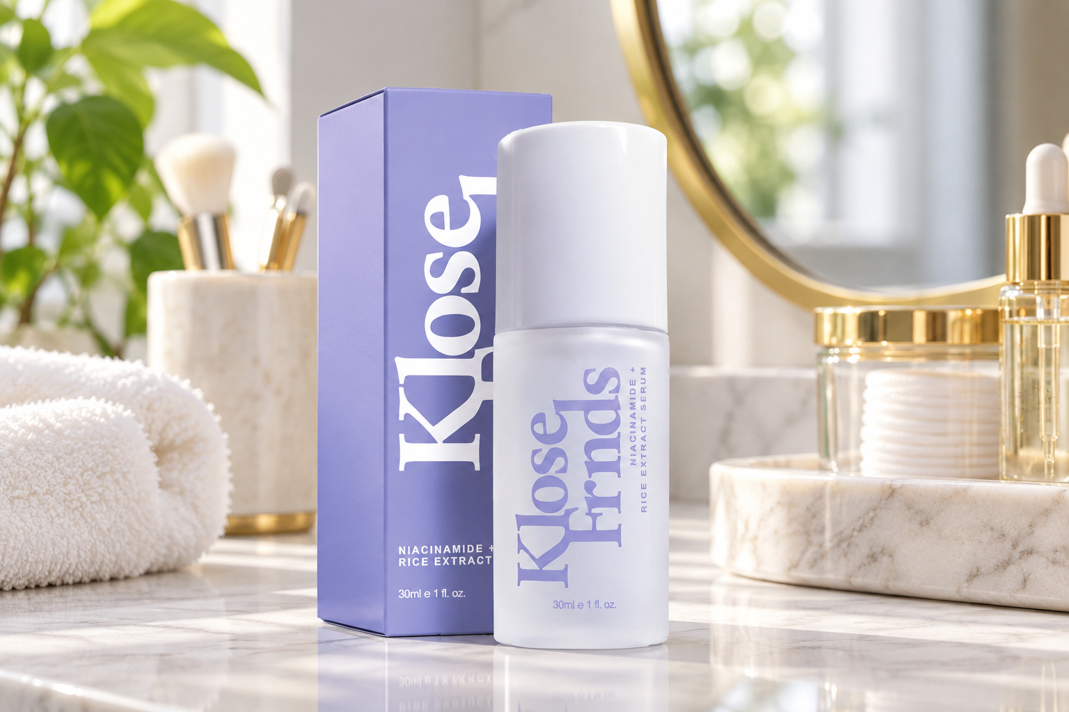 Klose Frnds Niacinamide + Rice Extract Serum in a frosted white bottle with matching lavender box, displayed on a marble bathroom vanity alongside soft towels, skincare brushes, cotton pads, and a gold-framed mirror in warm natural daylight.