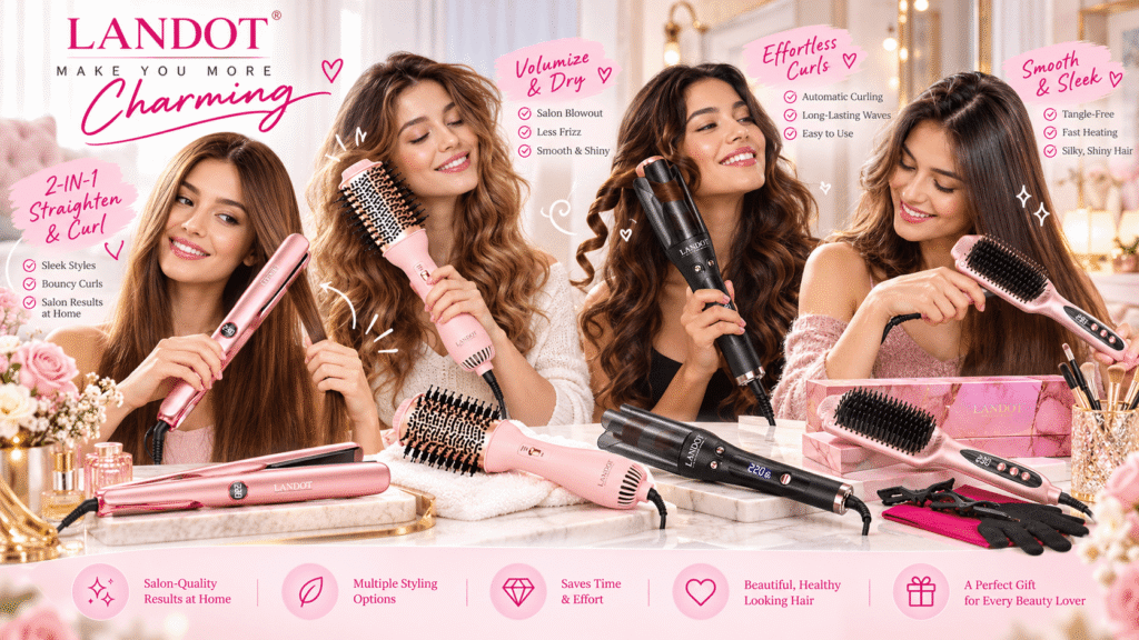LANDOT hair styling collection featuring a pink 2-in-1 straightener and curler, hot air brush, black curling iron, and heated straightening brush. Four women demonstrate different hairstyles in a bright, elegant beauty setting with pink promotional graphics.
