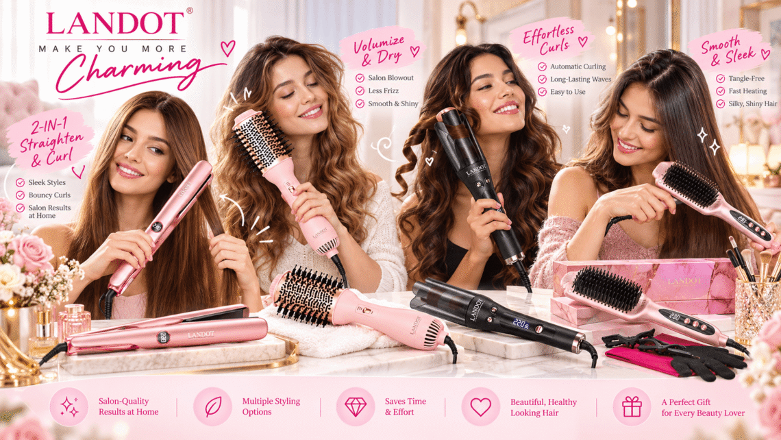 LANDOT hair styling collection featuring a pink 2-in-1 straightener and curler, hot air brush, black curling iron, and heated straightening brush. Four women demonstrate different hairstyles in a bright, elegant beauty setting with pink promotional graphics.