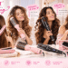 LANDOT hair styling collection featuring a pink 2-in-1 straightener and curler, hot air brush, black curling iron, and heated straightening brush. Four women demonstrate different hairstyles in a bright, elegant beauty setting with pink promotional graphics.
