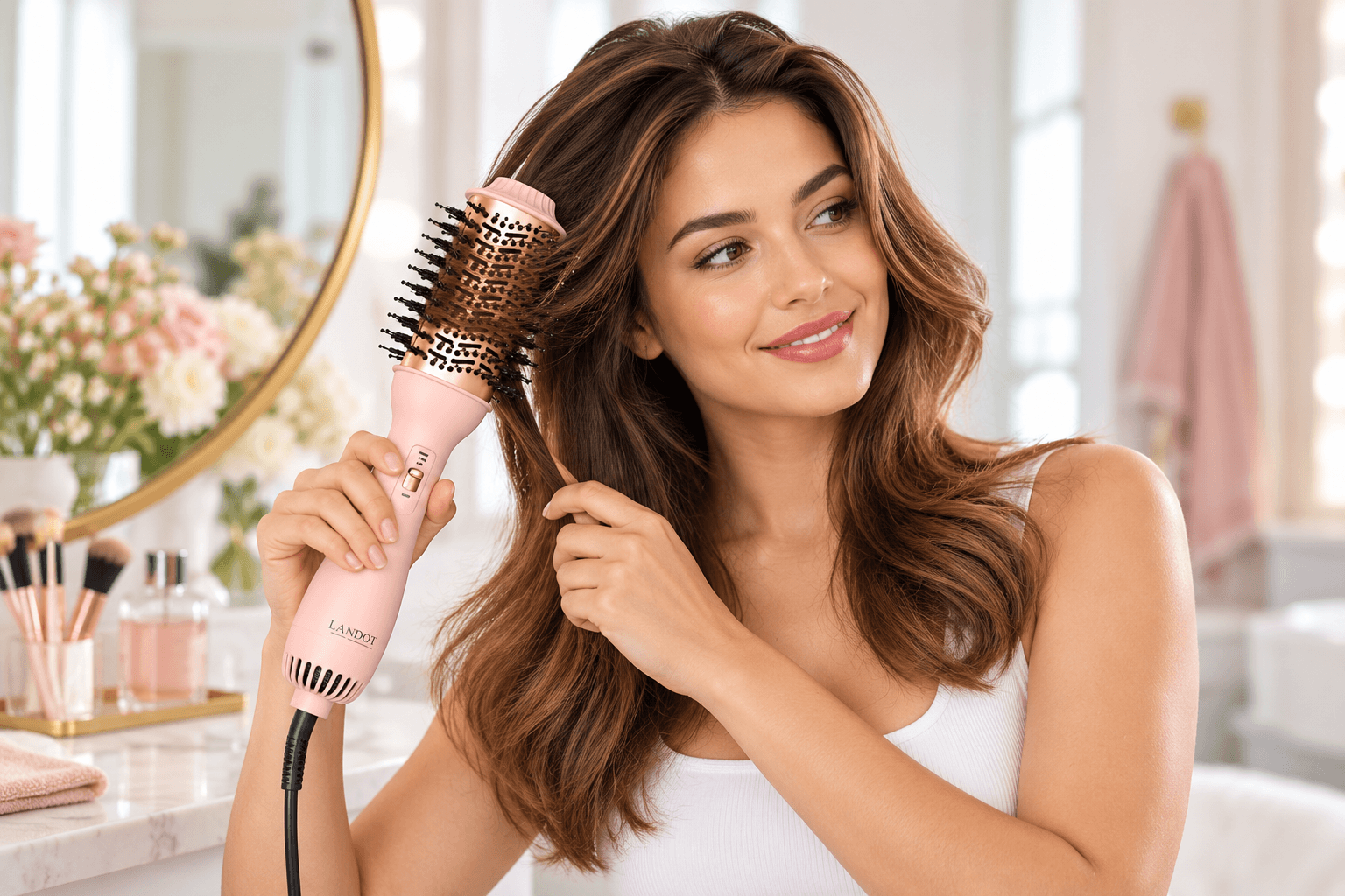 Woman styling her long brown hair with a pink LANDOT hot air brush at a bright vanity. The brush features a round barrel, black bristles, and a blush-pink handle, creating a voluminous blowout look in a realistic home beauty routine.