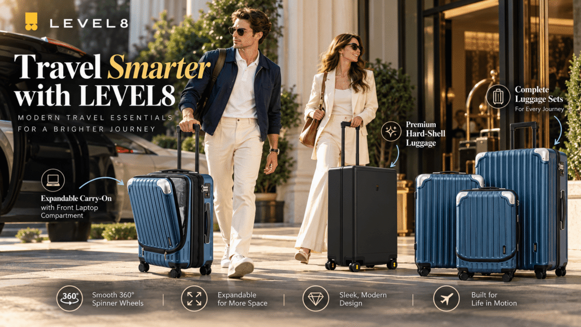 LEVEL8 premium luggage collection featuring blue expandable carry-on, sleek black suitcase, and matching luggage sets outside a luxury hotel, highlighting 360° spinner wheels, modern design, and smart travel essentials.