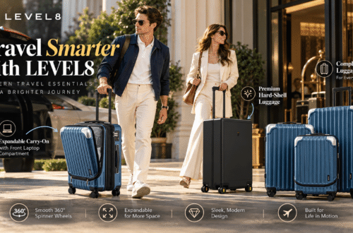 LEVEL8 premium luggage collection featuring blue expandable carry-on, sleek black suitcase, and matching luggage sets outside a luxury hotel, highlighting 360ยฐ spinner wheels, modern design, and smart travel essentials.