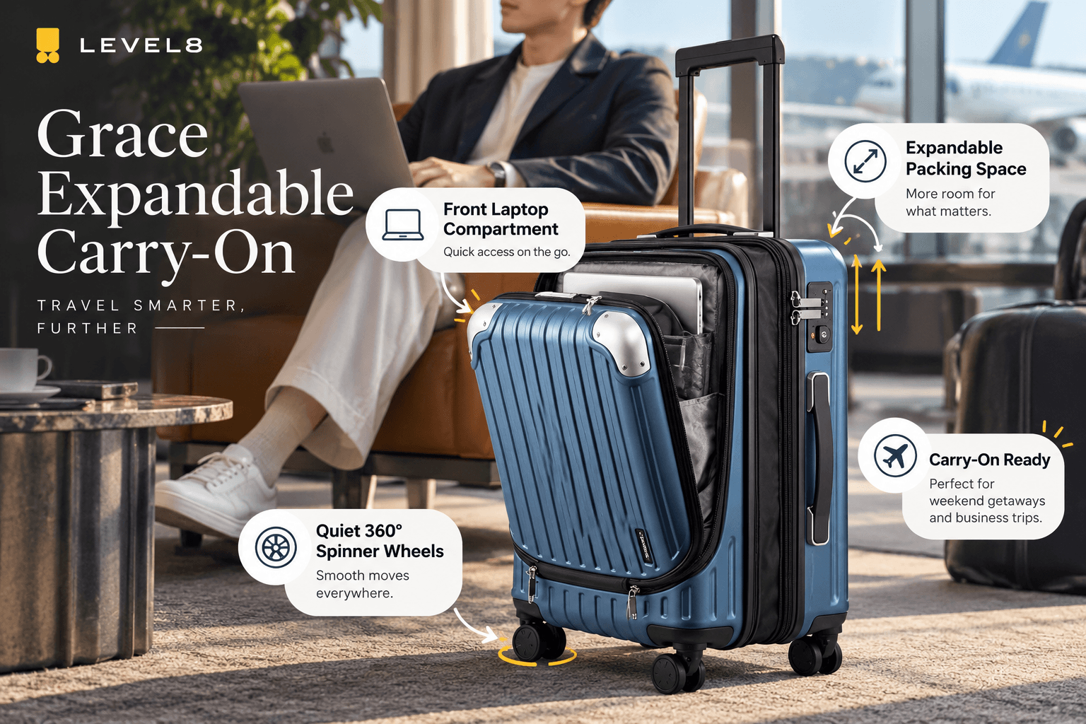LEVEL8 Grace blue expandable carry-on suitcase in an airport lounge, featuring a front laptop compartment, extra packing space, quiet 360° spinner wheels, and convenient travel-ready design.