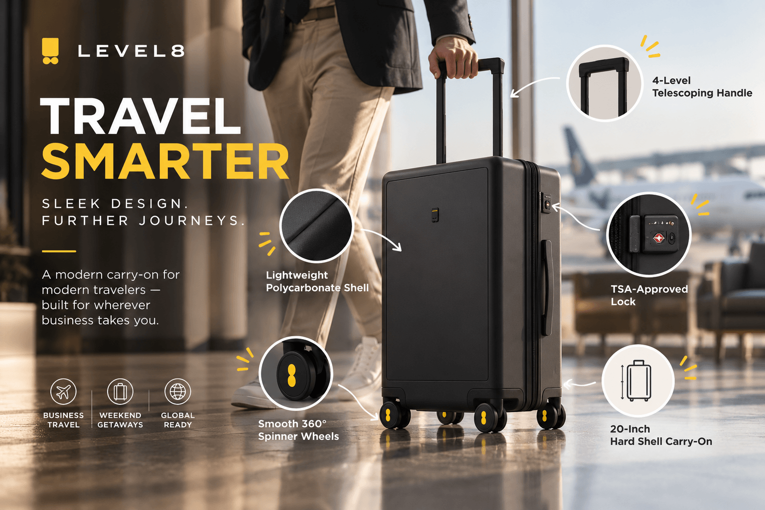 LEVEL8 black 20-inch hard-shell carry-on at an airport, highlighting its lightweight polycarbonate shell, TSA-approved lock, adjustable telescoping handle, and smooth 360° spinner wheels.