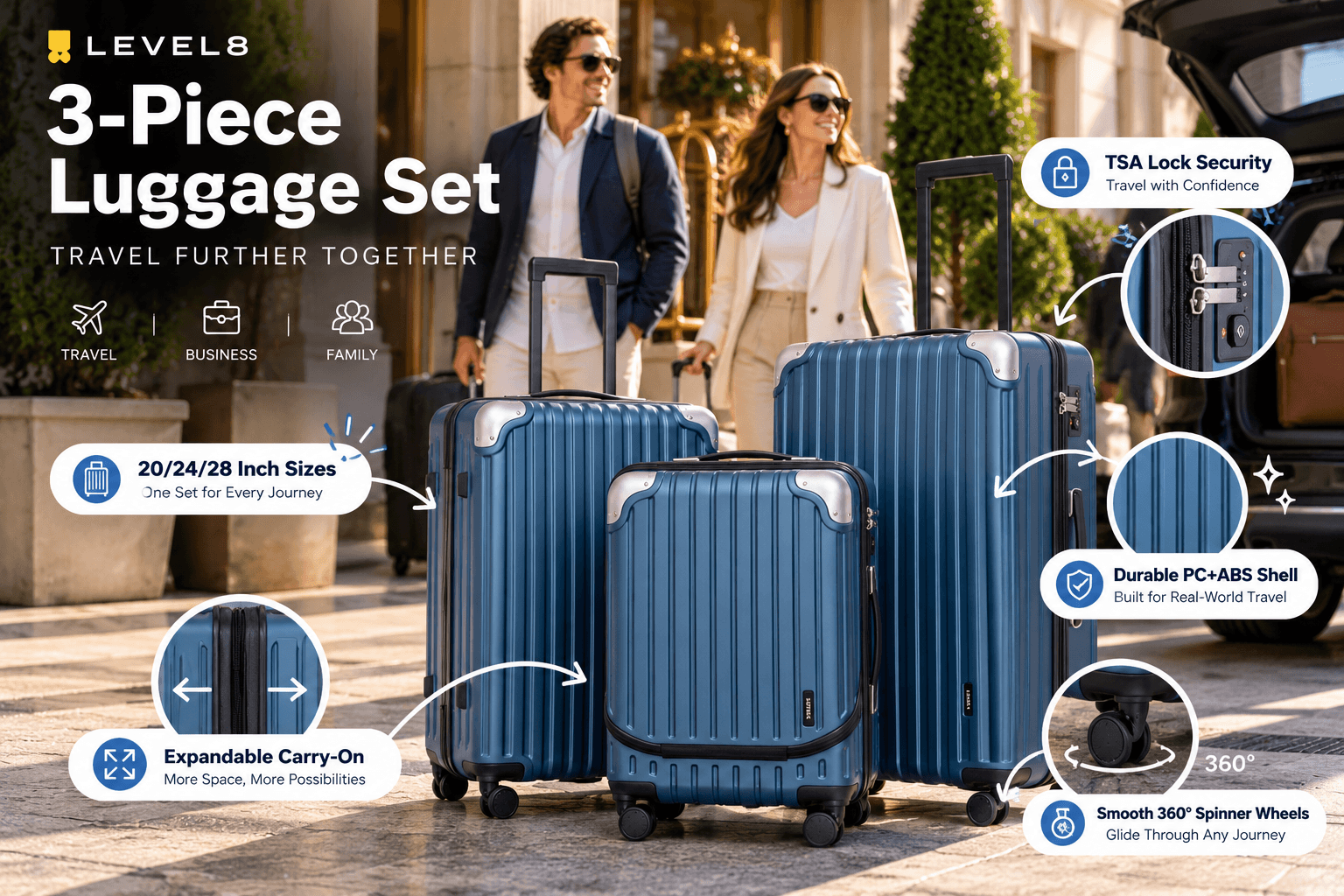 LEVEL8 blue 3-piece luggage set outside a luxury hotel, featuring 20, 24, and 28-inch hard-shell suitcases, expandable carry-on storage, TSA locks, and smooth 360° spinner wheels.