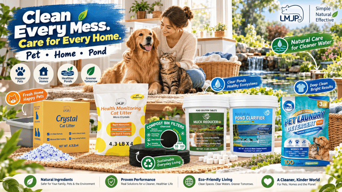 LMJP home, pet and pond care collection featuring crystal cat litter, pet laundry detergent, compost bin filters and pond treatments, displayed in a bright, eco-inspired home with a woman, dog, cat and garden pond.