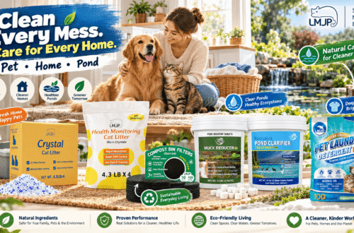 LMJP home, pet and pond care collection featuring crystal cat litter, pet laundry detergent, compost bin filters and pond treatments, displayed in a bright, eco-inspired home with a woman, dog, cat and garden pond.