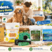 LMJP home, pet and pond care collection featuring crystal cat litter, pet laundry detergent, compost bin filters and pond treatments, displayed in a bright, eco-inspired home with a woman, dog, cat and garden pond.