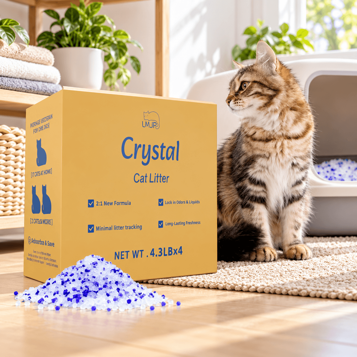LMJP Crystal Cat Litter in a yellow box with blue lettering, displayed beside a fluffy tabby cat and litter box in a bright home. White and blue crystal granules highlight the product's odor-control and low-tracking features.