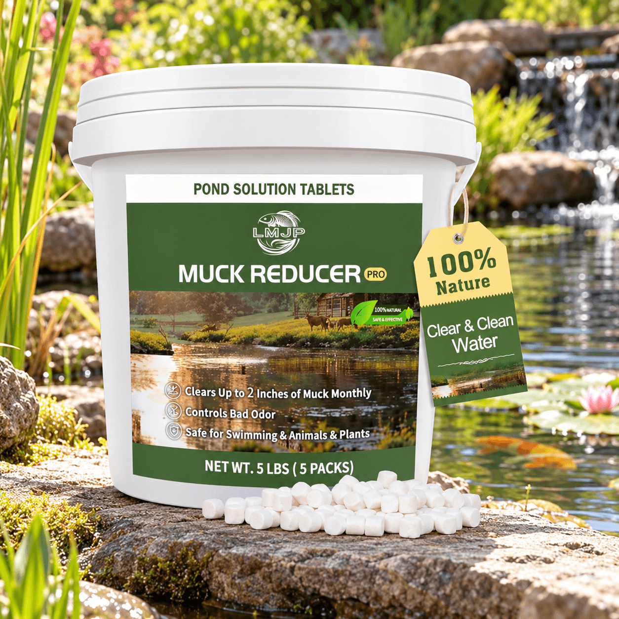 LMJP Muck Reducer Pro pond solution tablets in a white 5-pound bucket with a green label, displayed beside a landscaped backyard pond. White treatment tablets, aquatic plants and a waterfall complete the scene.