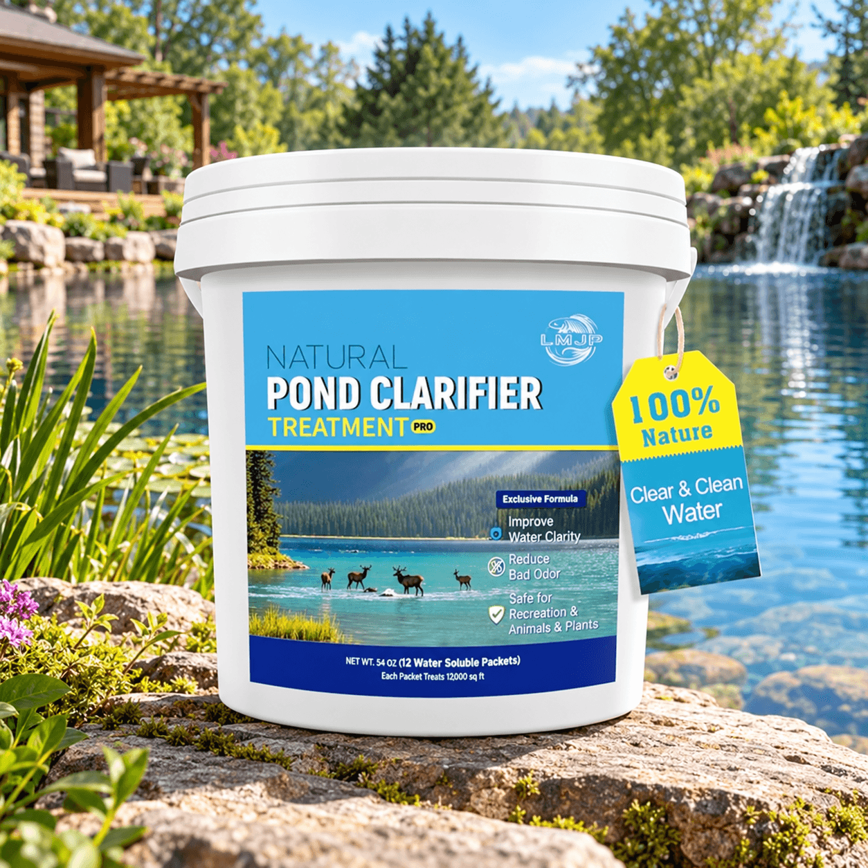 LMJP Natural Pond Clarifier Treatment Pro in a white bucket with a blue label and yellow tag, positioned beside a scenic garden pond with clear water, aquatic plants, natural rocks and a cascading waterfall.