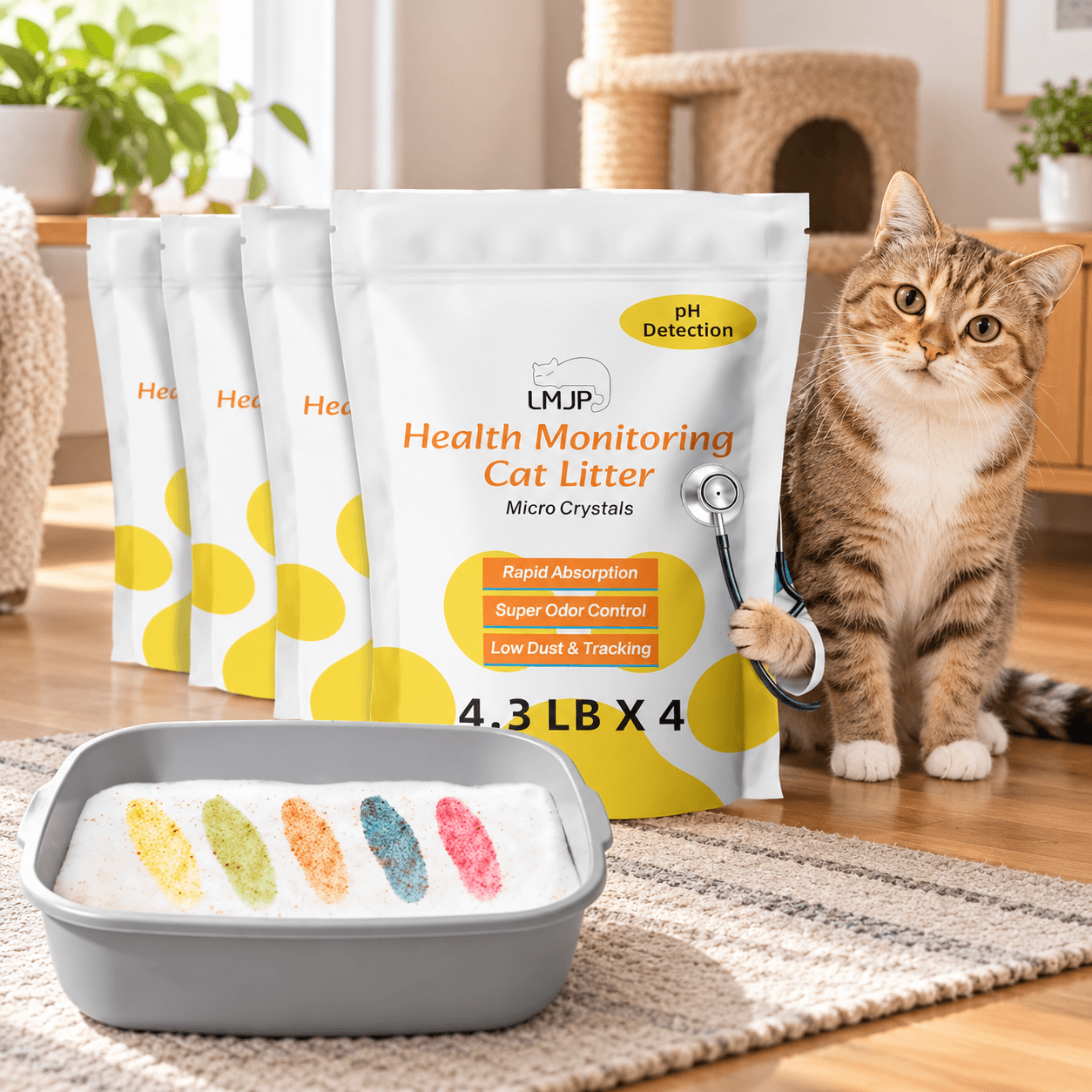 LMJP Health Monitoring Cat Litter Micro Crystals in four white and yellow bags beside a tabby cat. A litter tray displays colorful pH indicator samples, highlighting the product's health-monitoring feature.